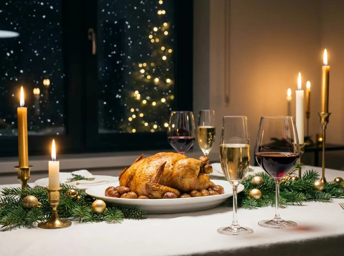 Table de réveillon de Noël aux bougies : chapon rôti aux marrons, branches de sapin dorées, un verre de champagne et un verre de rouge rubis.