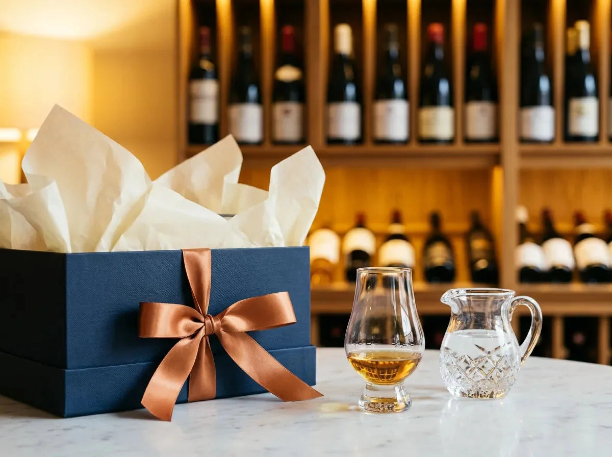 Coffret bleu marine au ruban cuivré et papier de soie, près d'un verre tulipe de whisky ambré et d'une petite carafe d'eau en cristal.