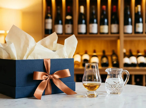 Coffret bleu marine au ruban cuivré et papier de soie, près d'un verre tulipe de whisky ambré et d'une petite carafe d'eau en cristal.