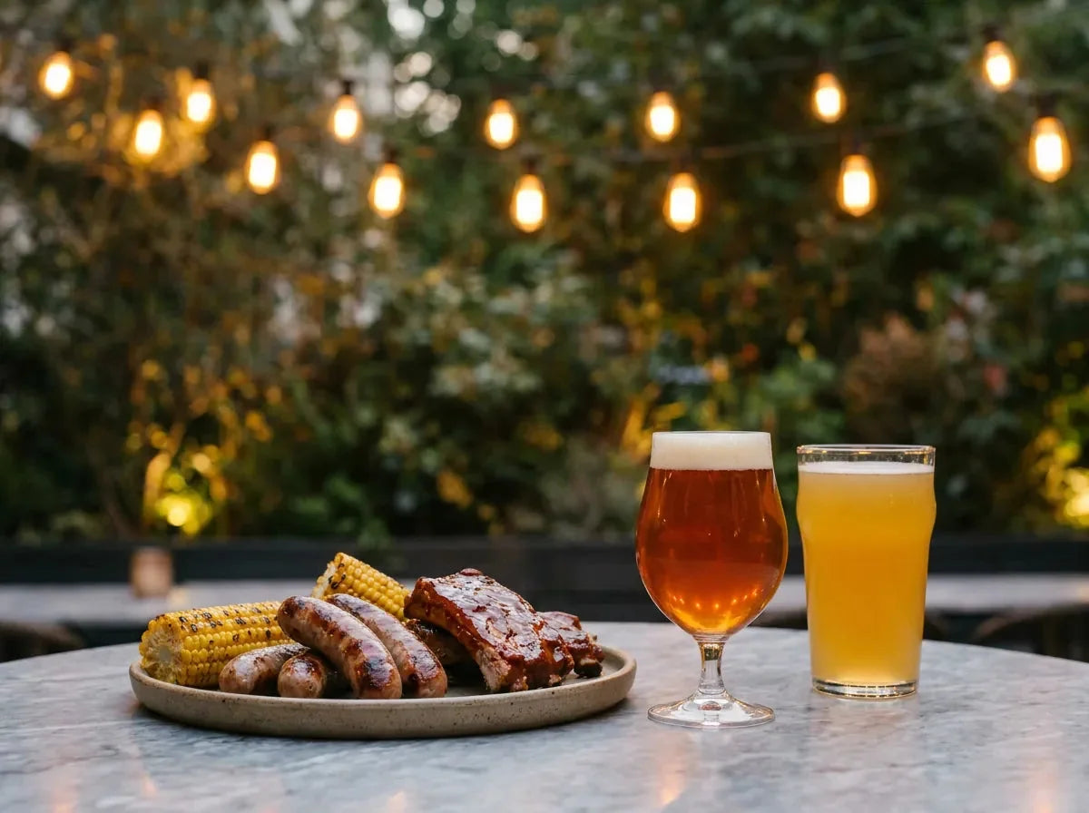 Terrasse de brasserie chic au crépuscule : saucisses, travers laqués et maïs grillés, avec une ale ambrée cuivrée et une pale ale dorée.