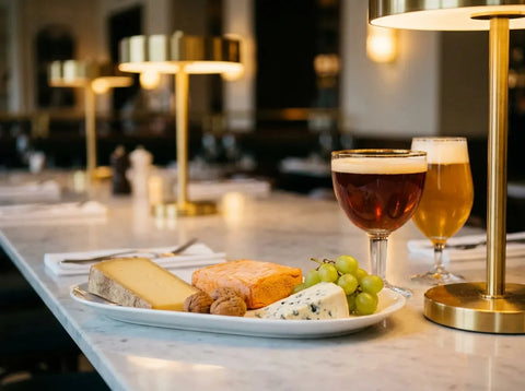 Plateau de fromages en brasserie chic, comté, maroilles et bleu avec noix et raisin, servi avec une bière d'abbaye ambrée et une triple dorée.