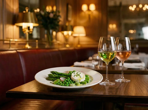 Assiette printanière d'asperges vertes, petits pois, fèves, radis et chèvre frais, avec un verre de blanc sec et un verre de rosé pâle