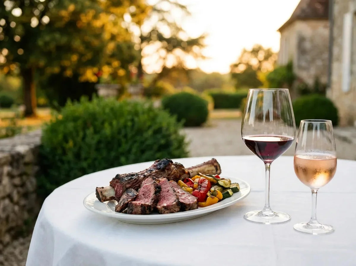 Côte de bœuf grillée tranchée et légumes grillés sur une table de jardin, avec un verre de Pécharmant rubis et un verre de rosé saumoné.