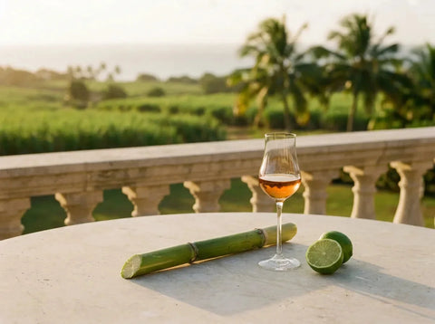 Verre de rhum ambré, tige de canne à sucre et citron vert sur une terrasse face aux champs de canne et à la mer des Caraïbes au couchant.