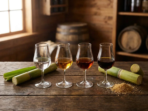 Plusieurs verres de rhum aux teintes variées avec cannes à sucre et sucre roux sur une table en bois