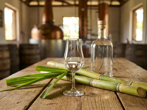 Verre de rhum agricole blanc et cannes à sucre fraîches devant un alambic en cuivre de distillerie guadeloupéenne