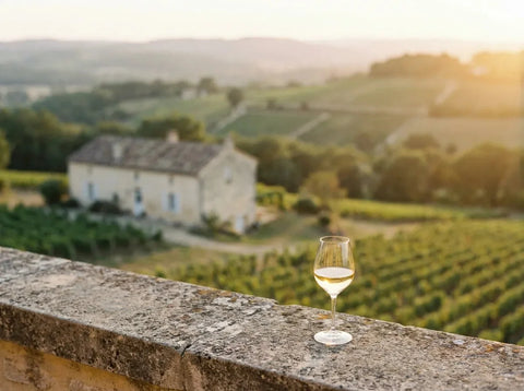 Petites parcelles de vigne de Rosette entre bois et prairies au nord de Bergerac, avec un verre de vin blanc moelleux doré pâle au premier plan.