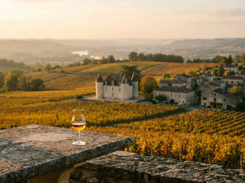 Vignoble de Saussignac en fin d'automne, feuilles dorées et château en pierre claire, avec un verre de vin liquoreux doré sur la terrasse.