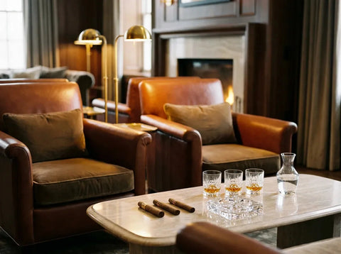 Soirée dégustation chez soi : fauteuils de cuir, trois cigares près d'un cendrier en cristal, trois spiritueux du doré à l'ambre et une carafe d'eau.