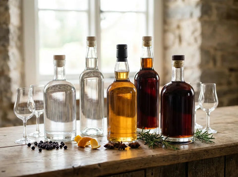 Alignement de bouteilles de spiritueux artisanaux français, verres à dégustation et aromates sur un comptoir en bois