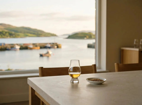 Verre tulipe de single malt doré et coupelle d'orge maltée, avec le port de Campbeltown, ses bateaux de pêche et ses collines par la fenêtre.