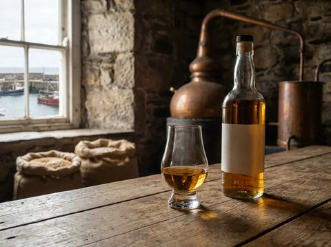 Verre de whisky single malt écossais sur un comptoir sombre, alambics en cuivre en arrière-plan