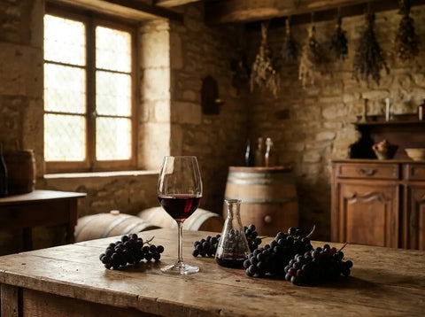 Verre de vin rouge sur une table en bois avec des grappes de raisin et un bécher de laboratoire, scène vinicole