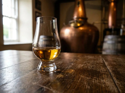 Verre Glencairn de whiskey irlandais doré sur une table en bois devant un alambic en cuivre de distillerie