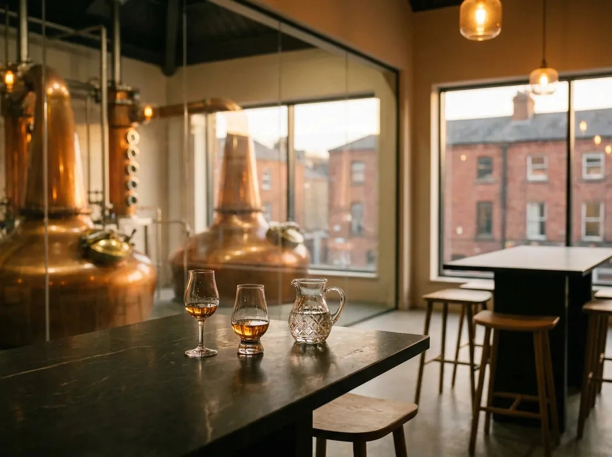 Verre tulipe de whiskey irlandais doré et carafe d'eau, alambics en cuivre derrière une vitre et façades de briques de Dublin au loin.