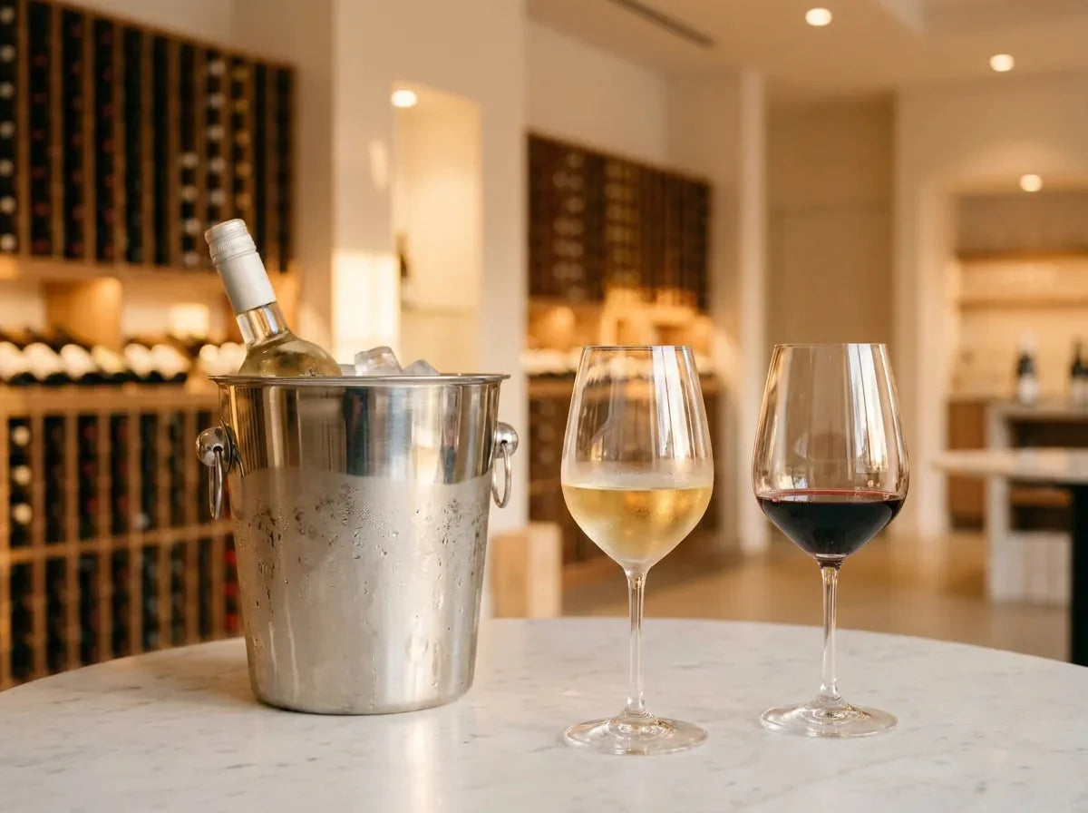Seau à glace en argent, verre de vin blanc doré couvert de buée et verre de vin rouge rubis sur une table de dégustation en marbre.