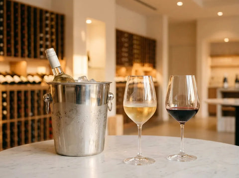 Seau à glace en argent, verre de vin blanc doré couvert de buée et verre de vin rouge rubis sur une table de dégustation en marbre.