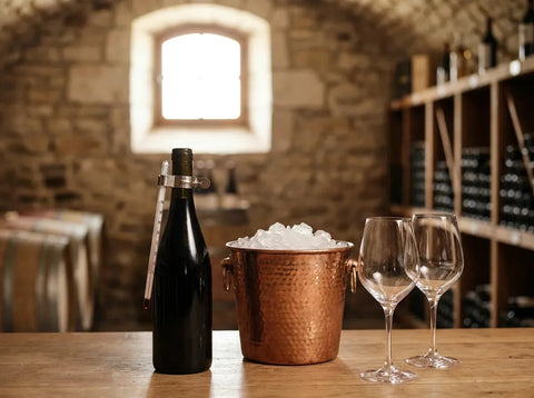 Thermomètre à vin sur le goulot d'une bouteille près d'un seau à glace et de verres dans une cave en pierre