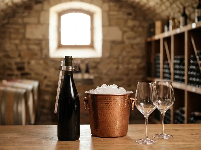 Thermomètre à vin sur le goulot d'une bouteille près d'un seau à glace et de verres dans une cave en pierre