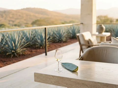 Verre de tequila reposado doré pâle et feuille d'agave bleu sur une terrasse, face aux rangs d'agaves sur terre rouge du Jalisco au couchant.