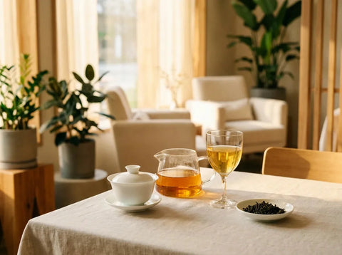 Salon de thé élégant : un gaiwan en porcelaine, une théière en verre de thé oolong ambré et un verre à vin rempli de thé doré.