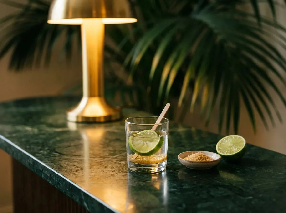 Ti-punch sans glace au rhum agricole blanc, rondelle de citron vert et sucre de canne, sur un comptoir de bar en pierre verte.