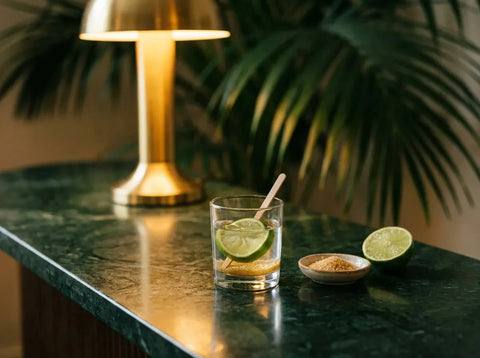 Ti-punch sans glace au rhum agricole blanc, rondelle de citron vert et sucre de canne, sur un comptoir de bar en pierre verte.