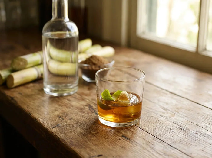 Ti-punch antillais dans un petit verre épais, zeste de citron vert, sucre de canne et rhum agricole blanc sur comptoir en bois