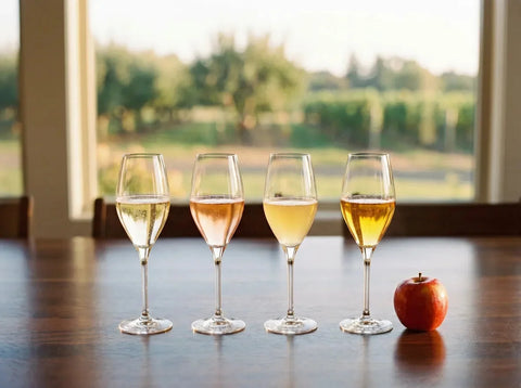 Quatre verres d'effervescents alignés, champagne doré, rosé saumoné, pét-nat trouble et cidre doré, avec une pomme rouge sur la table.