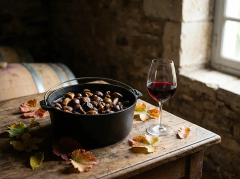 Petit verre d'eau-de-vie de prune avec prunes violettes fraîches sur une table rustique