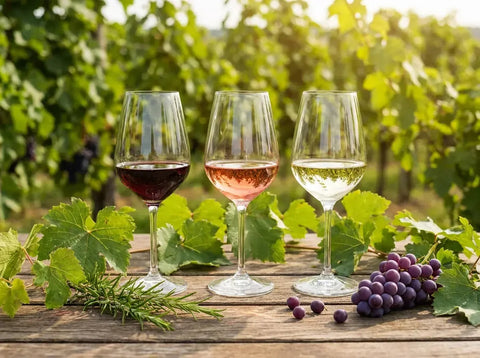 Trois verres de vin rouge, rosé et blanc alignés sur une table au cœur d'une vigne verdoyante en agriculture bio