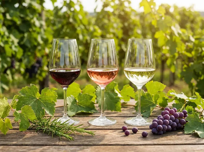 Trois verres de vin rouge, rosé et blanc alignés sur une table au cœur d'une vigne verdoyante en agriculture bio