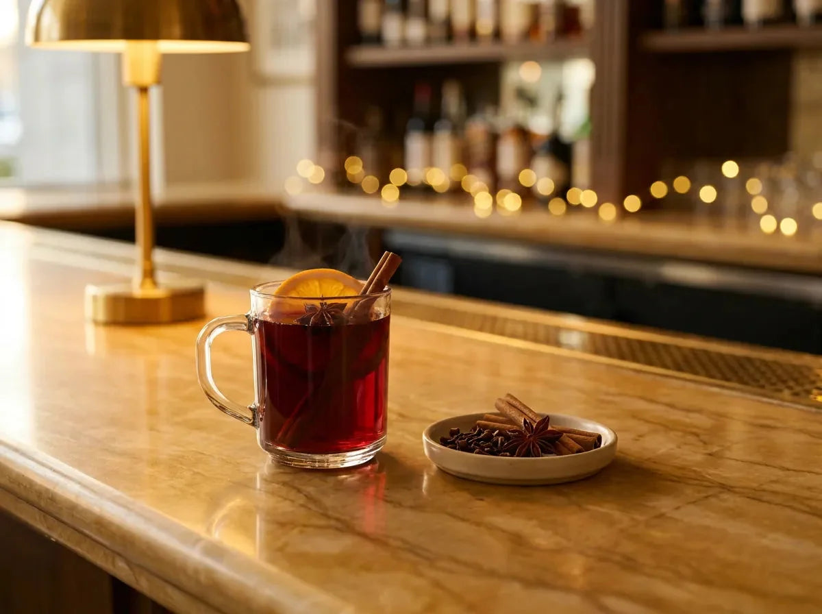 Vin chaud fumant rouge rubis dans une tasse en verre avec orange, cannelle et badiane, épices entières à côté, sur un comptoir de bar.