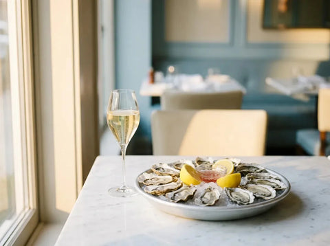 Plateau d'huîtres ouvertes sur glace pilée avec citron et vinaigre à l'échalote, près d'un verre de vin effervescent brut nature.