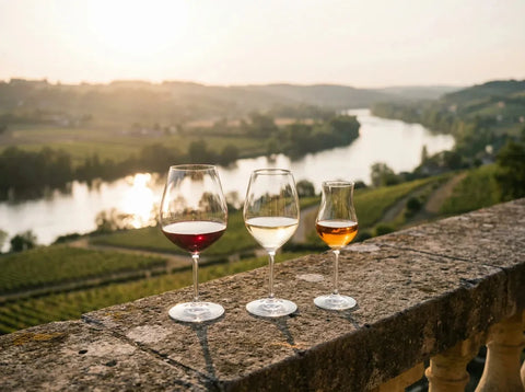 Vallée de la Dordogne et vignobles de Bergerac au couchant, avec un verre de rouge rubis, un blanc sec doré et un liquoreux sur un parapet.