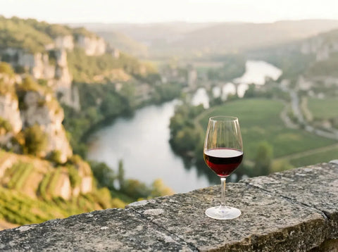 Méandre du Lot près de Cahors au couchant, falaises calcaires et vignes en terrasses, avec un verre de vin rouge grenat au premier plan.