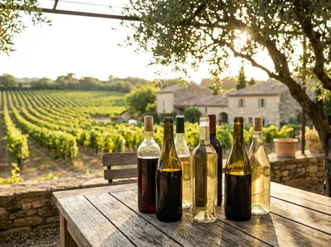 Bouteilles de vins rouges et blancs sur une table en bois devant un vignoble du Sud-Ouest ensoleillé