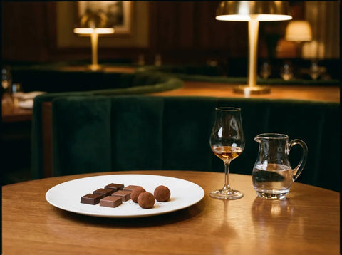 Assiette de chocolats noirs, au lait et de truffes au cacao servie avec un verre tulipe de whisky ambré et une petite carafe d'eau.
