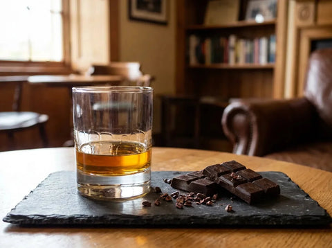 Verre de whisky ambré et carrés de chocolat noir avec éclats de cacao sur ardoise, lumière de salon de dégustation