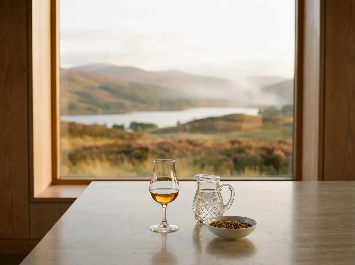 Verre tulipe de whisky ambré, carafe d'eau et orge maltée, avec un loch et des collines de bruyère des Highlands par la fenêtre.