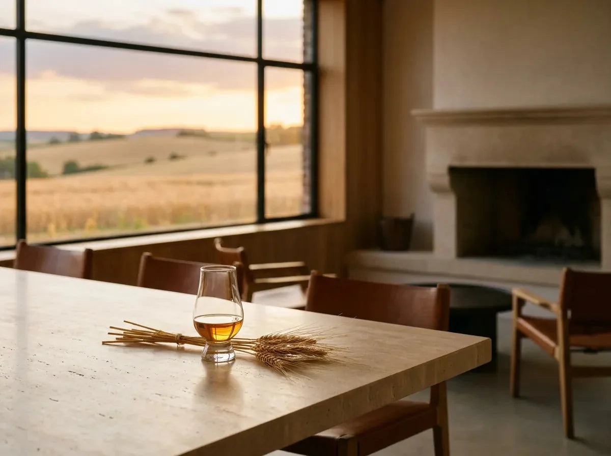 Verre tulipe de single malt lorrain doré et bouquet d'orge mûre, avec les champs d'orge du plateau lorrain au moment de la moisson.