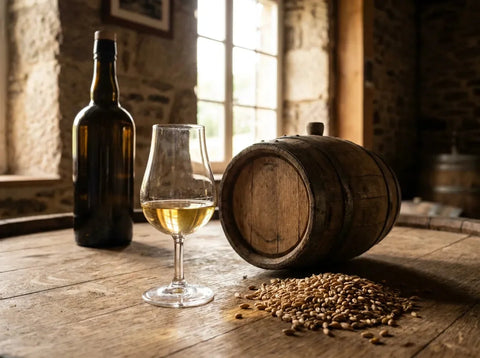Verre de whisky français ambré avec épis d'orge sur une table en bois, ambiance de distillerie lorraine