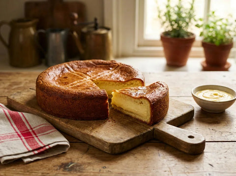 Gâteau basque doré marqué de la croix, une part coupée montrant la crème pâtissière