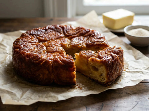 Kouign-amann breton doré et caramélisé, feuilletage beurré visible sur une part coupée, sur papier cuisson