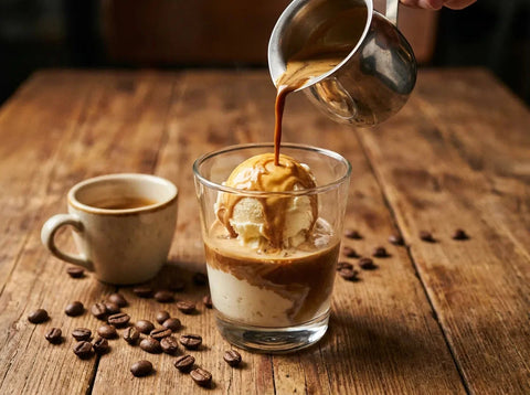 Affogato au café : boule de glace à la vanille dans un verre, arrosée d’un espresso brûlant qui commence à la faire fondre