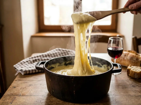 Aligot de l'Aubrac soulevé à la spatule formant un long ruban filant de purée à la tome fraîche