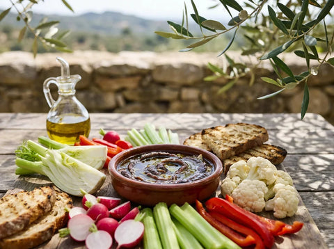 Anchoïade provençale en bol de terre cuite, entourée de crudités croquantes et de pain de campagne grillé
