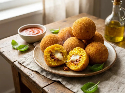 Arancini siciliens dorés sur une assiette, l’un coupé en deux laissant voir le cœur de risotto au safran et la mozzarella fondante
