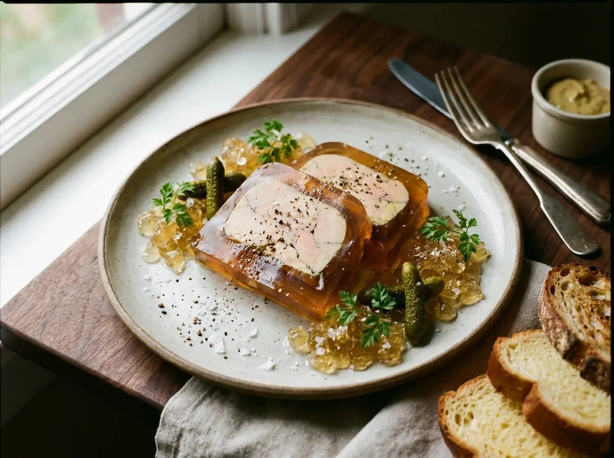 Aspic de foie gras : tranches de foie gras prises dans une gelée ambrée au porto, gelée hachée, cornichons et pain brioché