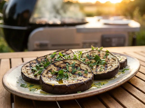 Aubergines grillées à la méditerranéenne : tranches marquées au barbecue, nappées d’huile d’olive à l’ail, au citron et au persil